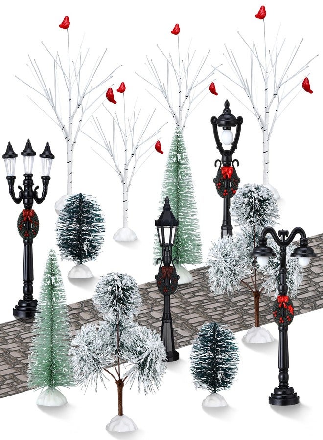 Aoriher 15 Pcs Christmas Figurine Village Accessories Miniature Pine Trees Snow Artificial Christmas Trees Cardinal Bare Branch Trees Streetlight Lamps Cobblestone Street Figurine for Xmas Winter (Elegant) - Image 1
