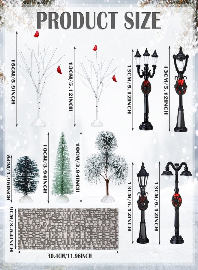 Aoriher 15 Pcs Christmas Figurine Village Accessories Miniature Pine Trees Snow Artificial Christmas Trees Cardinal Bare Branch Trees Streetlight Lamps Cobblestone Street Figurine for Xmas Winter (Elegant) - Image 2
