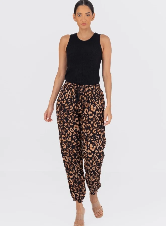 HaILYS Leopard Print Drawstring Jogger Pants - Black and Brown