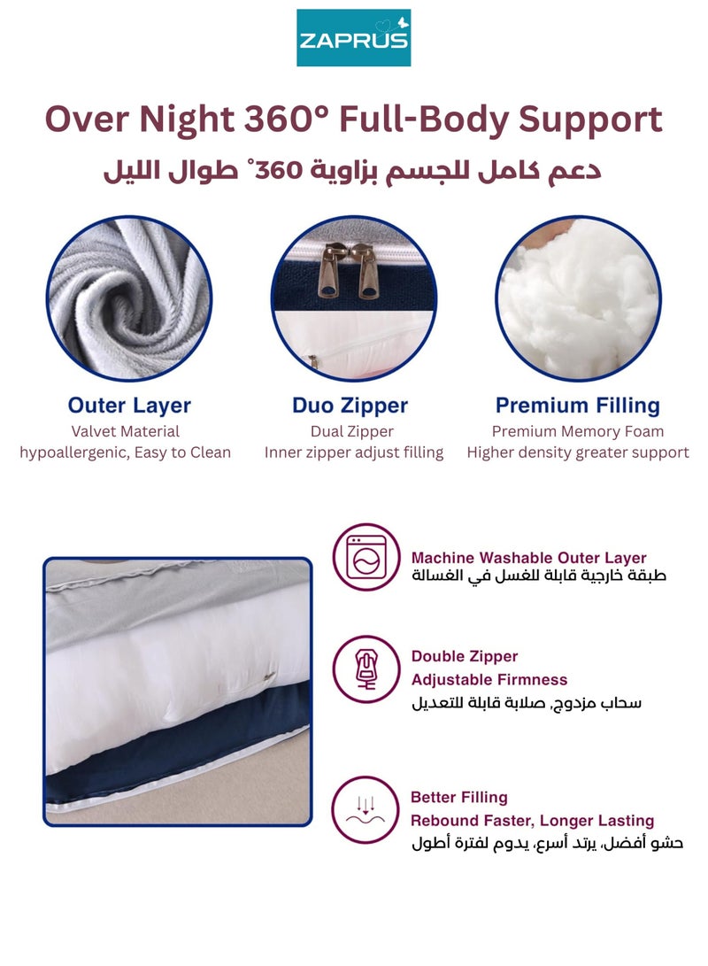 Zaprus Pregnancy J-Shape Pillow 100% Cotton Fiber Full Body Support Maternity Pillow for Side Stomach Sleeping Back Hip Belly Pain Relief Ergonomic Comfortable Prenatal Pillow Light Grey Blue for Everyday Use - Image 3