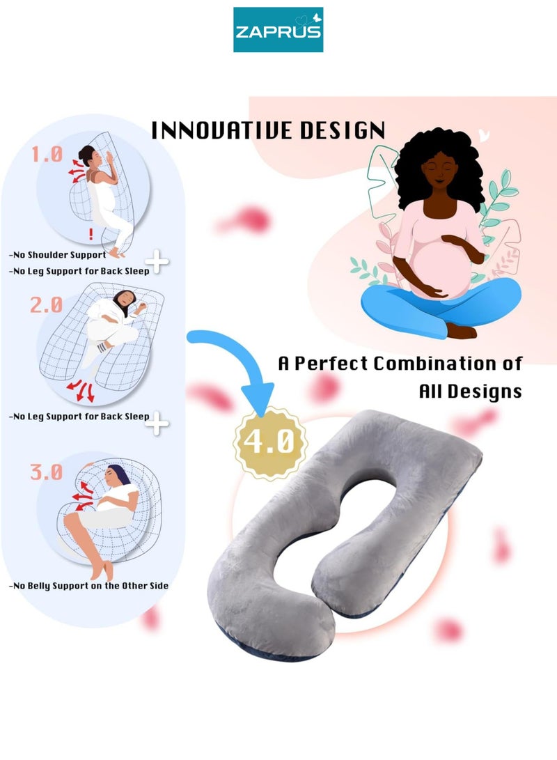 Zaprus Pregnancy J-Shape Pillow 100% Cotton Fiber Full Body Support Maternity Pillow for Side Stomach Sleeping Back Hip Belly Pain Relief Ergonomic Comfortable Prenatal Pillow Light Grey Blue for Everyday Use - Image 5