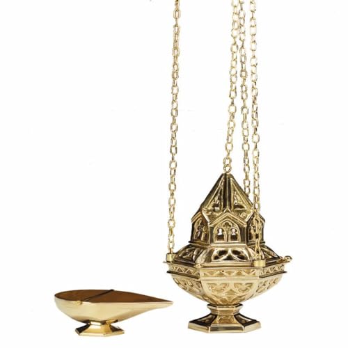 Autom Sacred Vessel 10" Brass Ornate Censer on 36" Chain with Incense Boat Set - Image 2