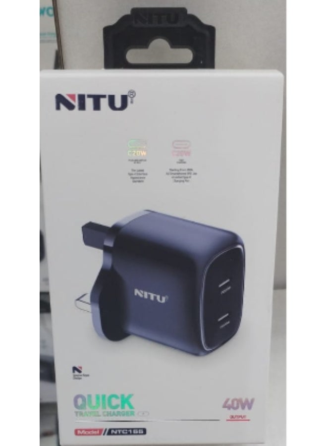 شاحن جداري NITU NTC155 بقوة 40 واط، يتميز بلون أسود وتصميم مدمج بمنفذين للشحن السريع