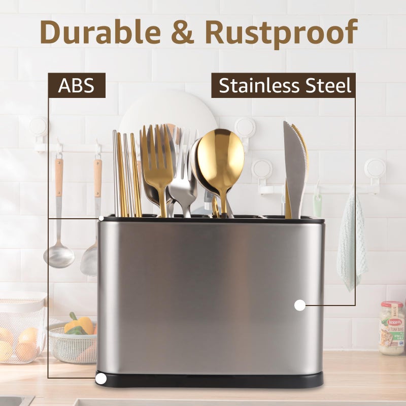 CYEER Stainless Steel Cutlery Holder, 18 x 8.6 x 13 cm, Tableware Rack, Cutlery Basket, Metal Kitchen Utensil Holder for Chopsticks, Spoons, Knives and Forks - Image 3