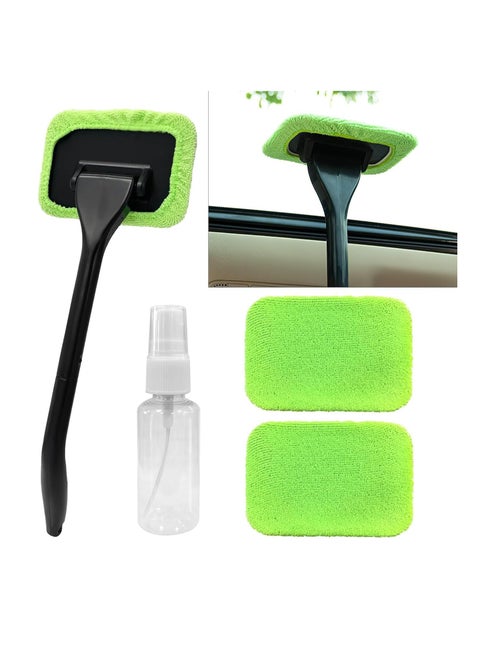 Windshield Cleaning Tool, Detachable Long Handle Microfiber Head, 2 Washable Cloth Heads and 30ml Spray Bottle, Perfect for Easy and Effective Glass Cleaning for Clear View