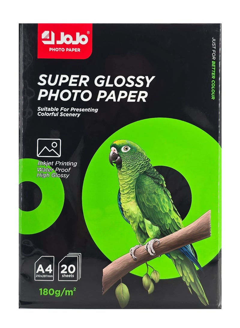JOJO Super Glossy Waterproof A4 Photo Paper, 180 GSM Premium, Pack of 20 Sheets - Image 1