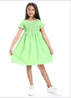 Short Puffed Sleeves Square Neck Lime Green Girls Dress