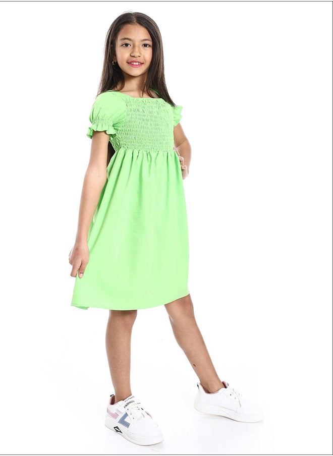 Andora - Short Puffed Sleeves Square Neck Lime Green Girls Dress - Image 1