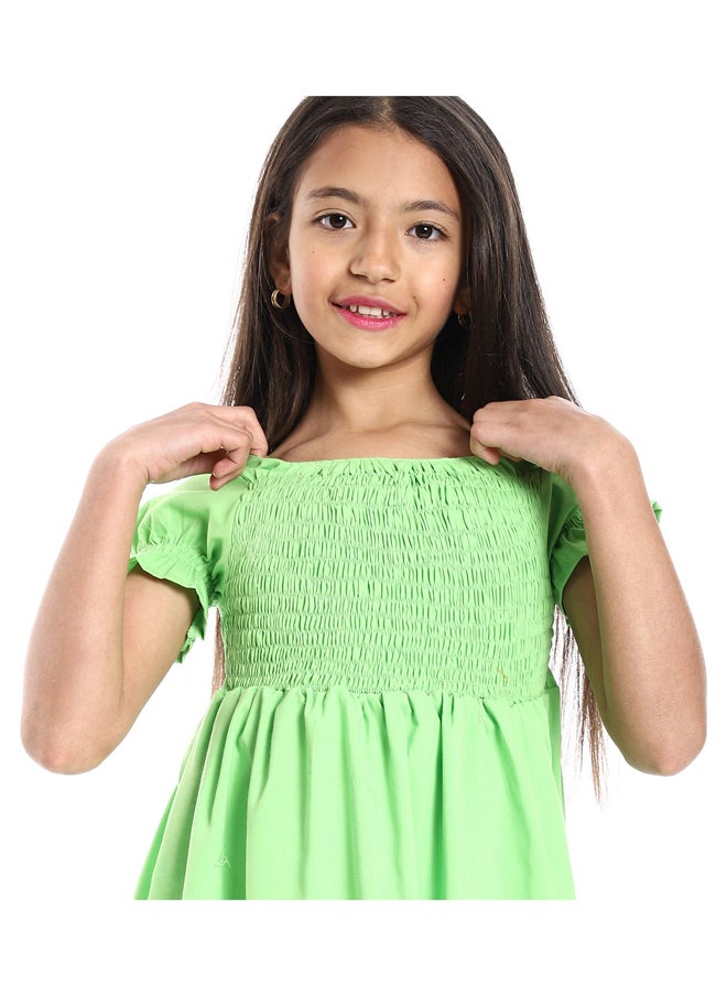 Andora - Short Puffed Sleeves Square Neck Lime Green Girls Dress - Image 1