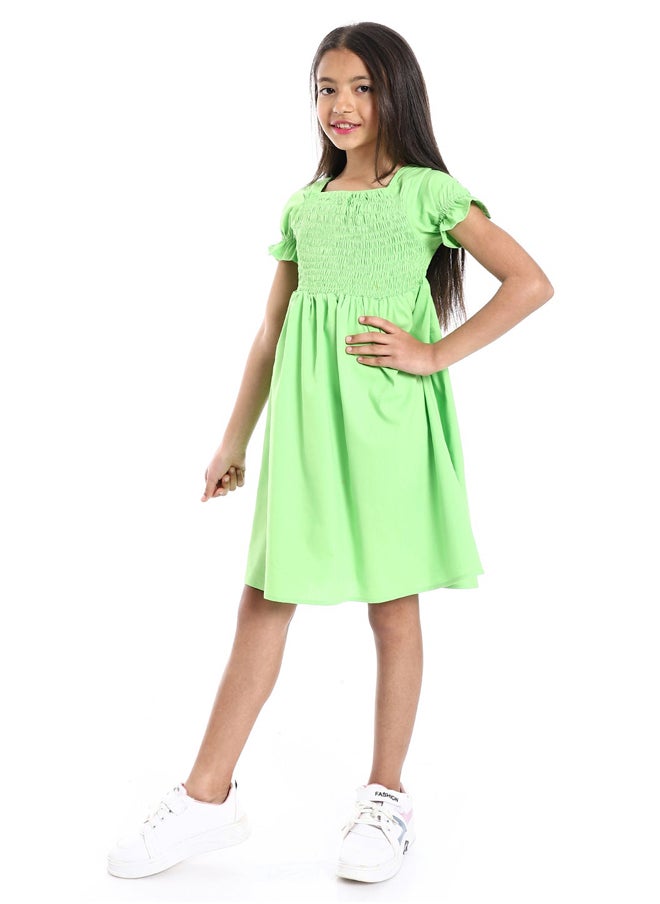 Andora - Short Puffed Sleeves Square Neck Lime Green Girls Dress - Image 1