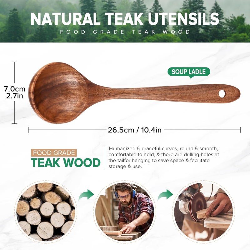 JEFHOMKIT Wooden Soup Spoon for Cooking, Teak Acacia Soup Ladle, Non-Toxic Natural Wood Serving Spoon for Gravy Sauce Porridge, Long Handle Deep Scooper Server Utensil, No-Scratch Cookware Surface,10.6″ - Image 2