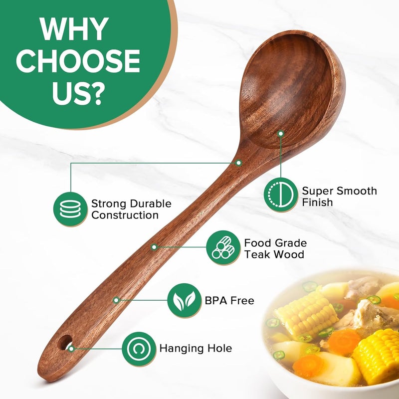 JEFHOMKIT Wooden Soup Spoon for Cooking, Teak Acacia Soup Ladle, Non-Toxic Natural Wood Serving Spoon for Gravy Sauce Porridge, Long Handle Deep Scooper Server Utensil, No-Scratch Cookware Surface,10.6″ - Image 3
