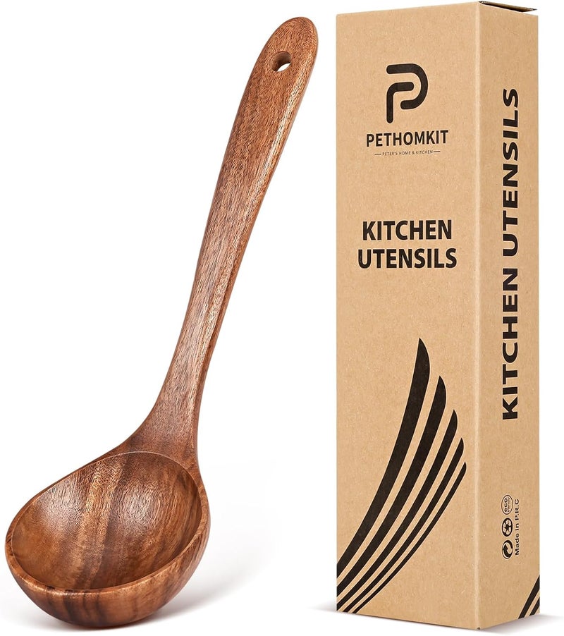 JEFHOMKIT Wooden Soup Spoon for Cooking, Teak Acacia Soup Ladle, Non-Toxic Natural Wood Serving Spoon for Gravy Sauce Porridge, Long Handle Deep Scooper Server Utensil, No-Scratch Cookware Surface,10.6″ - Image 1