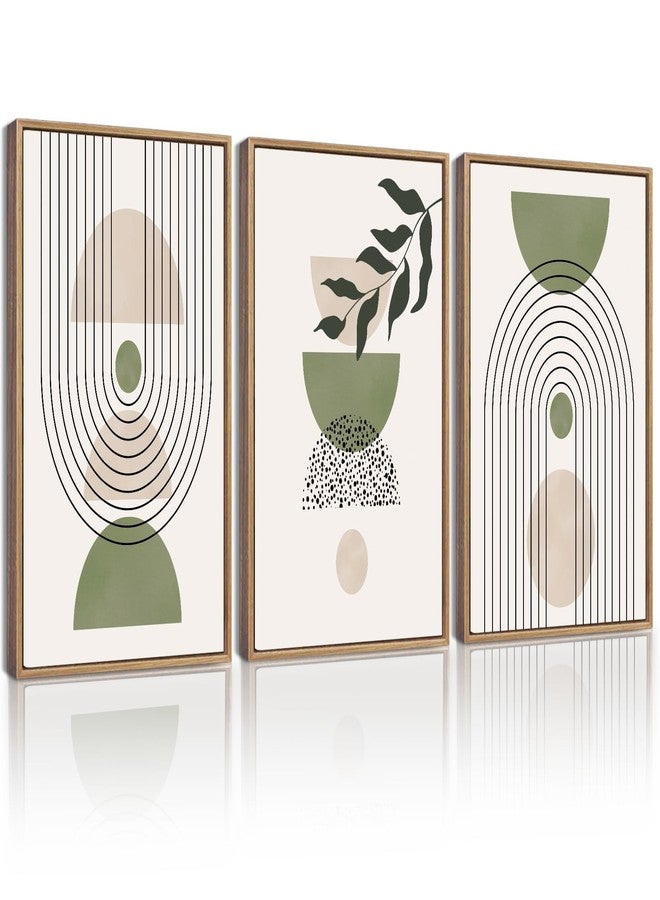KUVIOKE Framed Green Botanical Boho Wall Art Modern Sage Bohemian Wall Decor Geometry Lines Prints Ready to Hang 11x14in (Natural Framed) - Image 1