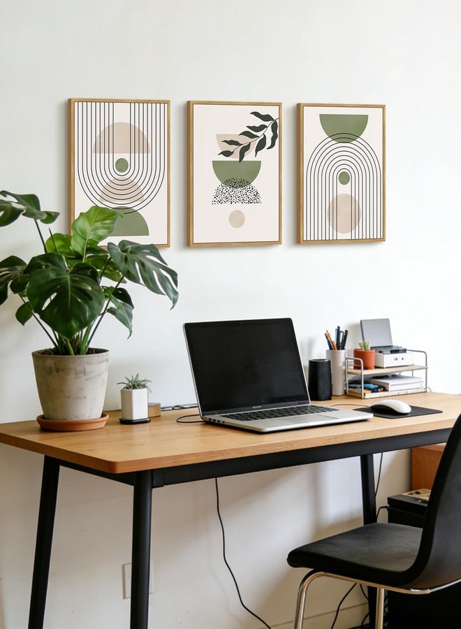 KUVIOKE Framed Green Botanical Boho Wall Art Modern Sage Bohemian Wall Decor Geometry Lines Prints Ready to Hang 11x14in (Natural Framed) - Image 5