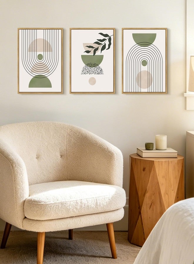 KUVIOKE Framed Green Botanical Boho Wall Art Modern Sage Bohemian Wall Decor Geometry Lines Prints Ready to Hang 11x14in (Natural Framed) - Image 4