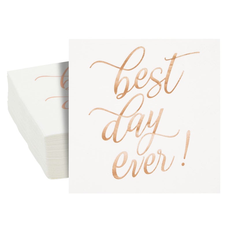 Blue Panda 50Pack Best Day Ever Napkins Disposable Napkins for Wedding Reception Bridal Shower Engagement Party Rose Gold 5x5 In