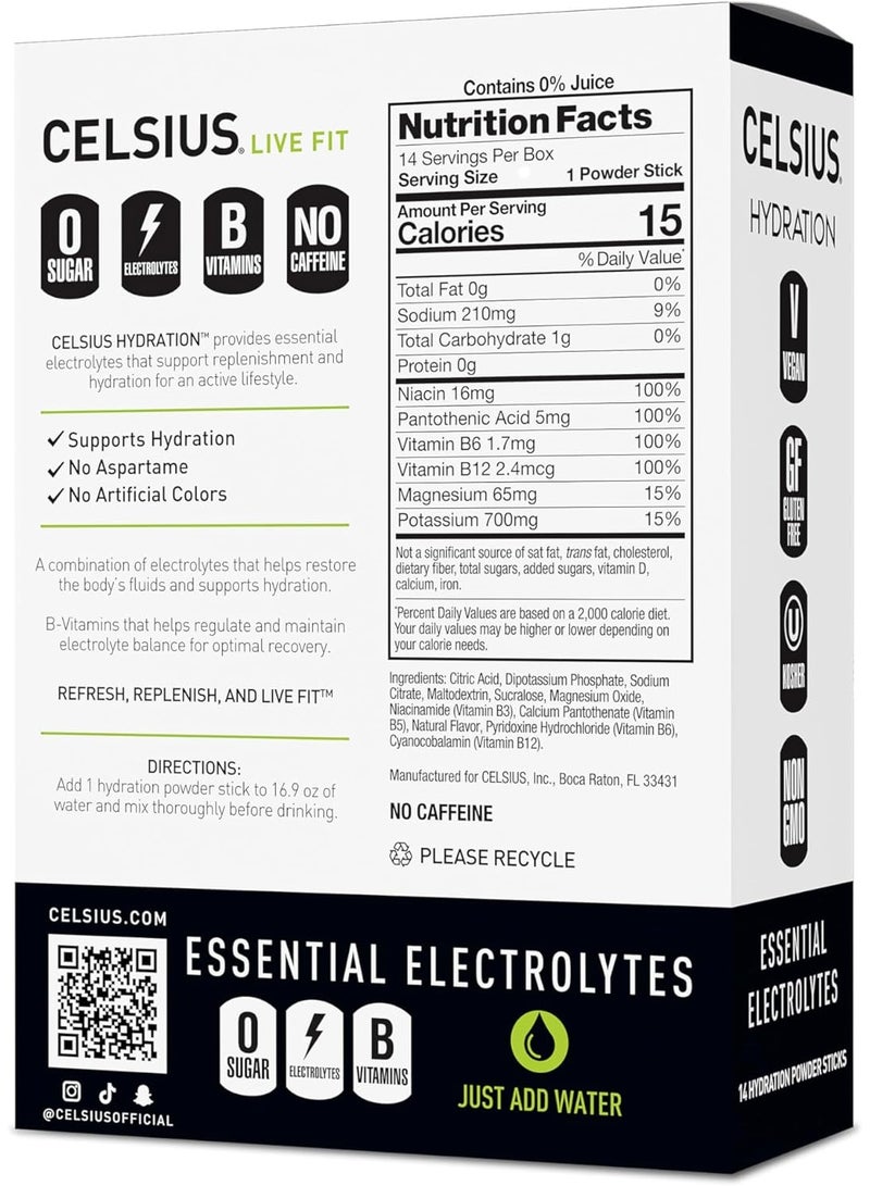 CELSIUS Lemon Lime, Sugar Free Electrolyte Hydration Drink Mix 14 Powder Sticks - Image 2