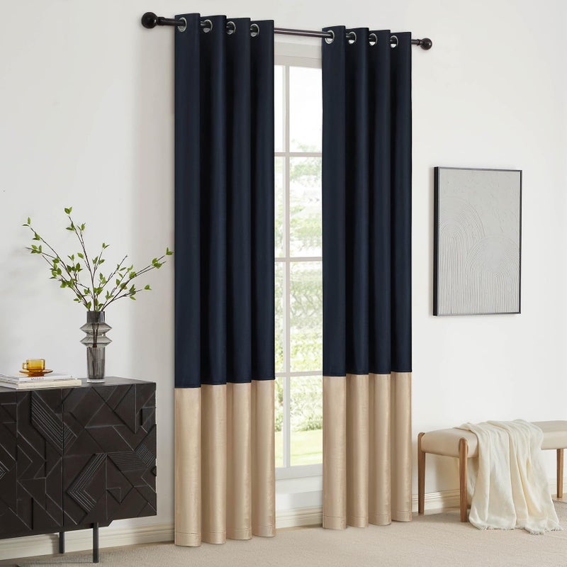 BULBUL Color Block Window Curtains Panels 84 inches Long Navy Blue Champagne Velvet Farmhouse Drapes for Bedroom Living Room Darkening Treatment with Grommet Set of 2 - Image 5