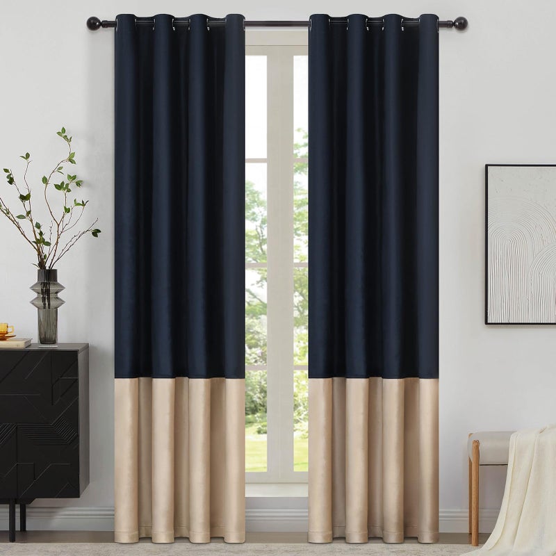 BULBUL Color Block Window Curtains Panels 84 inches Long Navy Blue Champagne Velvet Farmhouse Drapes for Bedroom Living Room Darkening Treatment with Grommet Set of 2 - Image 1