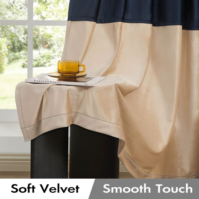 BULBUL Color Block Window Curtains Panels 84 inches Long Navy Blue Champagne Velvet Farmhouse Drapes for Bedroom Living Room Darkening Treatment with Grommet Set of 2 - Image 3