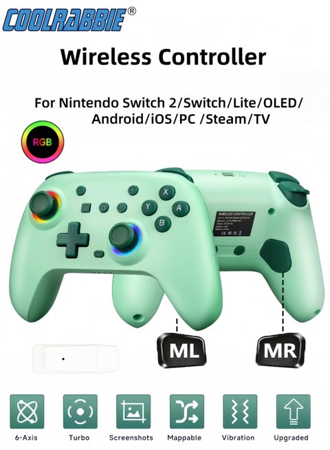 RGB Wireless Switch Controller for Nintendo Switch 2,Switch Pro Controller for Switch/OLED/Lite/PC/Steam Deck/TV,Gamepad Hall Effect Joystick Trigger with 7 Colors LED Light/3-level TURBO Adjustable,4-Speed Dual Vibration,Support Wake Up and Gyro Axis Motion