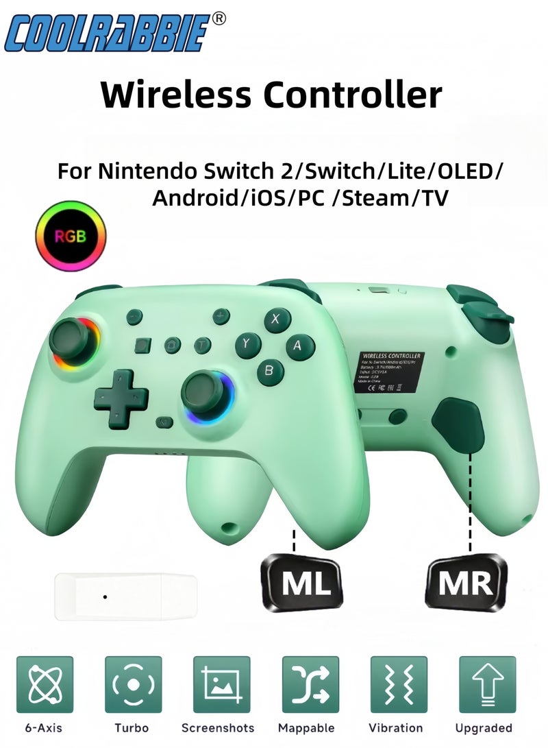 CoolRabbie RGB Wireless Switch Controller for Nintendo Switch 2,Switch Pro Controller for Switch/OLED/Lite/PC/Steam Deck/TV,Gamepad Hall Effect Joystick Trigger with 7 Colors LED Light/3-level TURBO Adjustable,4-Speed Dual Vibration,Support Wake Up and Gyro Axis Motion - Image 1