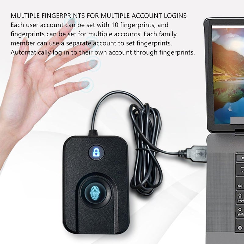 جودة موثوقة متكرر جهاز تسجيل الدخول ببصمات الأصابع عبر USB لأنظمة 10/11 مع حسابات متعددة وقفل الشاشة بنقرة واحدة، يشمل كابل تمديد بطول 5 أقدام، تسجيل دخول متعدد الحسابات ببصمات الأصابع مصمم بدقة - Image 2