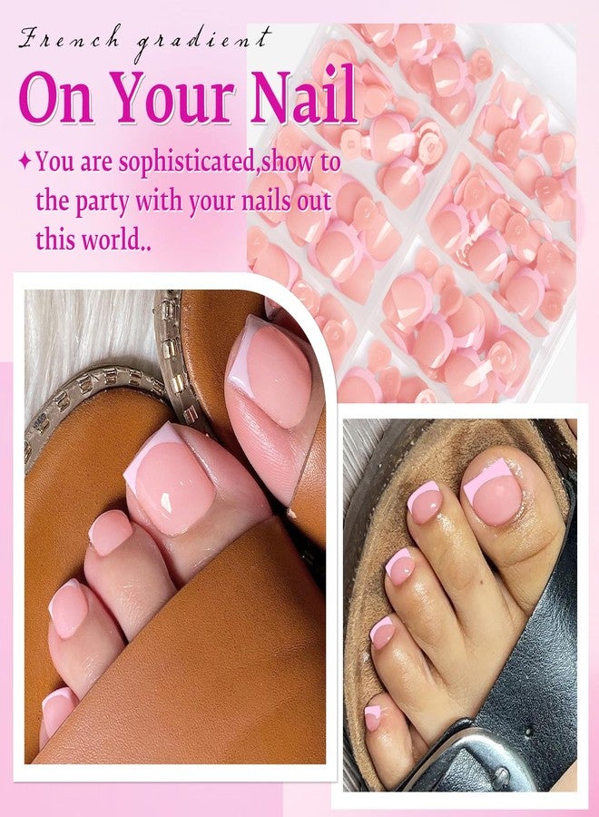 LuckForever 168pc Pink French Tips Press on Toenails Women Fake Toe Nails with Tabs, Nude Fake Toenails Press on Nails Toe Acrylic Nail Tips Short Square Glue Toenails Stick Artificial Toe Nails Press ons - Image 3