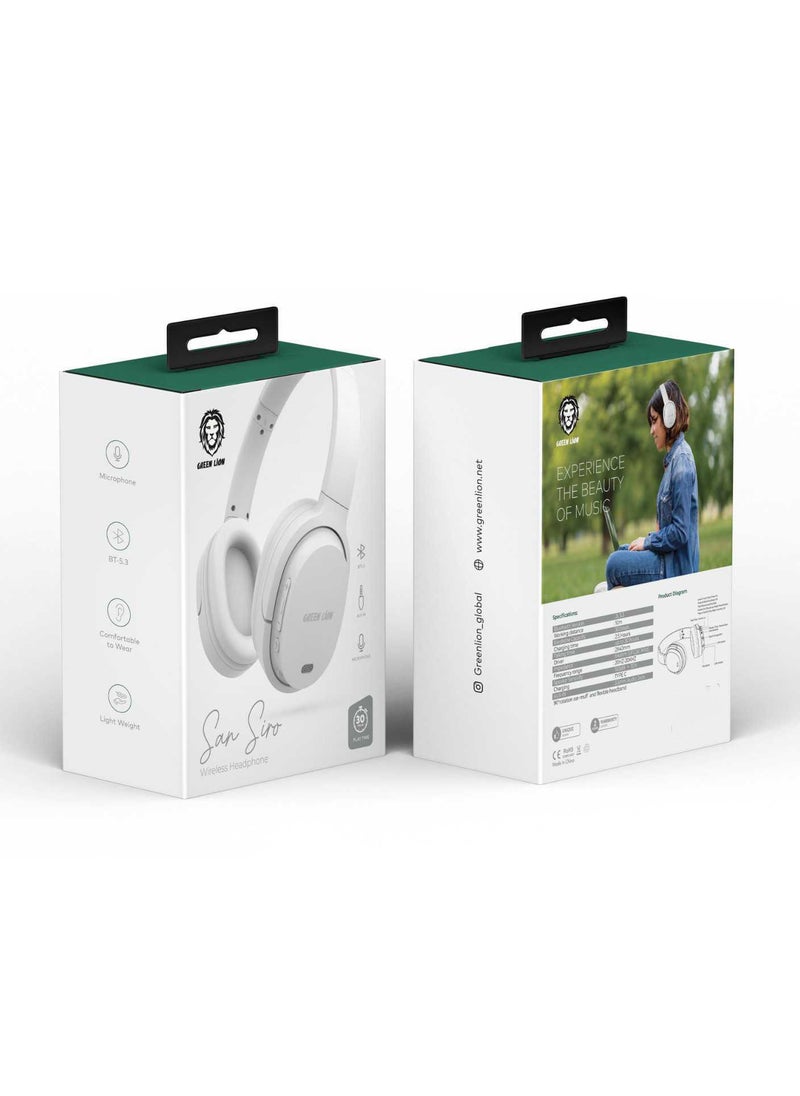 GREEN LION - SanSiro Wireless Headphone / BT 5.3 / AUX Input / Microphone / Comfortable to Wear / Light Weight / Type-C Charging / Considerable Working Distance / Significant playing & Talking Time - White - Image 1