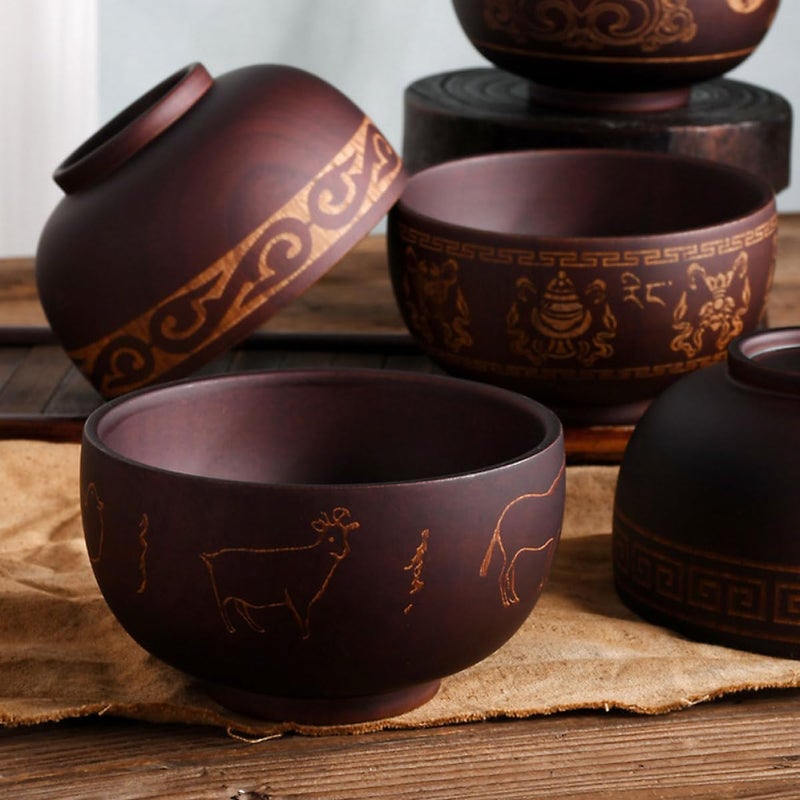 Medium Wooden Salad Bowl Handcrafted Carved Pattern Traditional Mongolian Style Tableware - Image 5