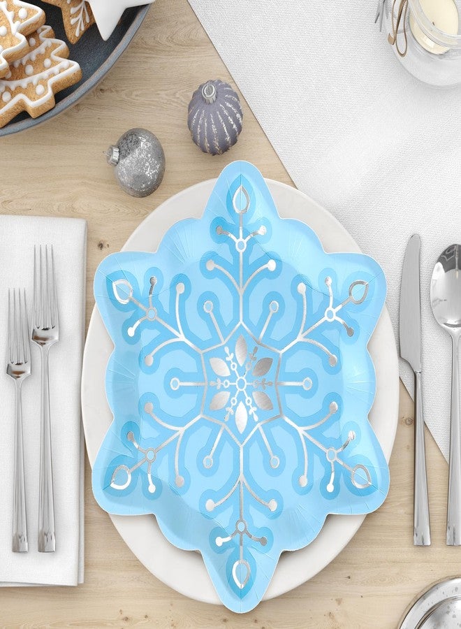 JarThenaAMCS جرثينا إيه إم سي إس 24 قطعة أطباق ورقية على شكل رقاقات الثلج فضية اللون زرقاء الشكل أطباق قابلة للتصرف لمستلزمات حفلات عيد الميلاد والزفاف واحتفالات أعياد الميلاد - Image 5