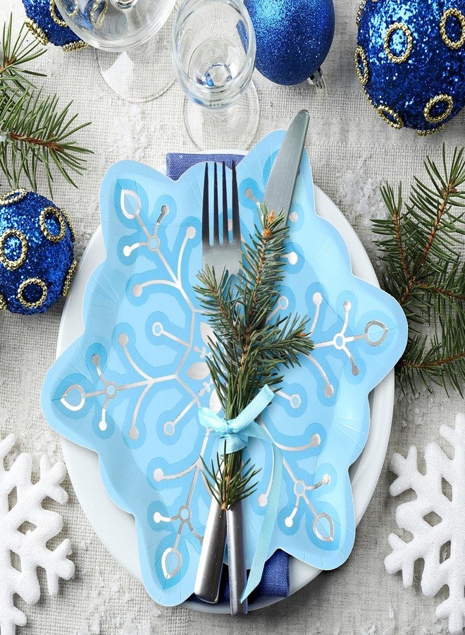 JarThenaAMCS جرثينا إيه إم سي إس 24 قطعة أطباق ورقية على شكل رقاقات الثلج فضية اللون زرقاء الشكل أطباق قابلة للتصرف لمستلزمات حفلات عيد الميلاد والزفاف واحتفالات أعياد الميلاد - Image 4