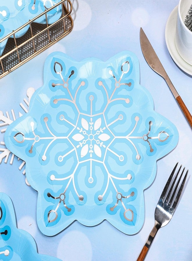 JarThenaAMCS جرثينا إيه إم سي إس 24 قطعة أطباق ورقية على شكل رقاقات الثلج فضية اللون زرقاء الشكل أطباق قابلة للتصرف لمستلزمات حفلات عيد الميلاد والزفاف واحتفالات أعياد الميلاد - Image 3