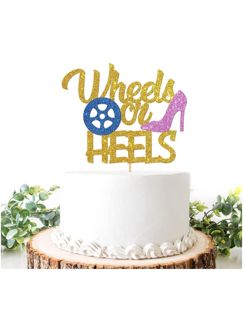 Wheels or Heels Cake Topper, Gender Reval Party Decoration, He or She Sign, Pregnancy Announcement Party Supplies - Golden&Pink&Blue