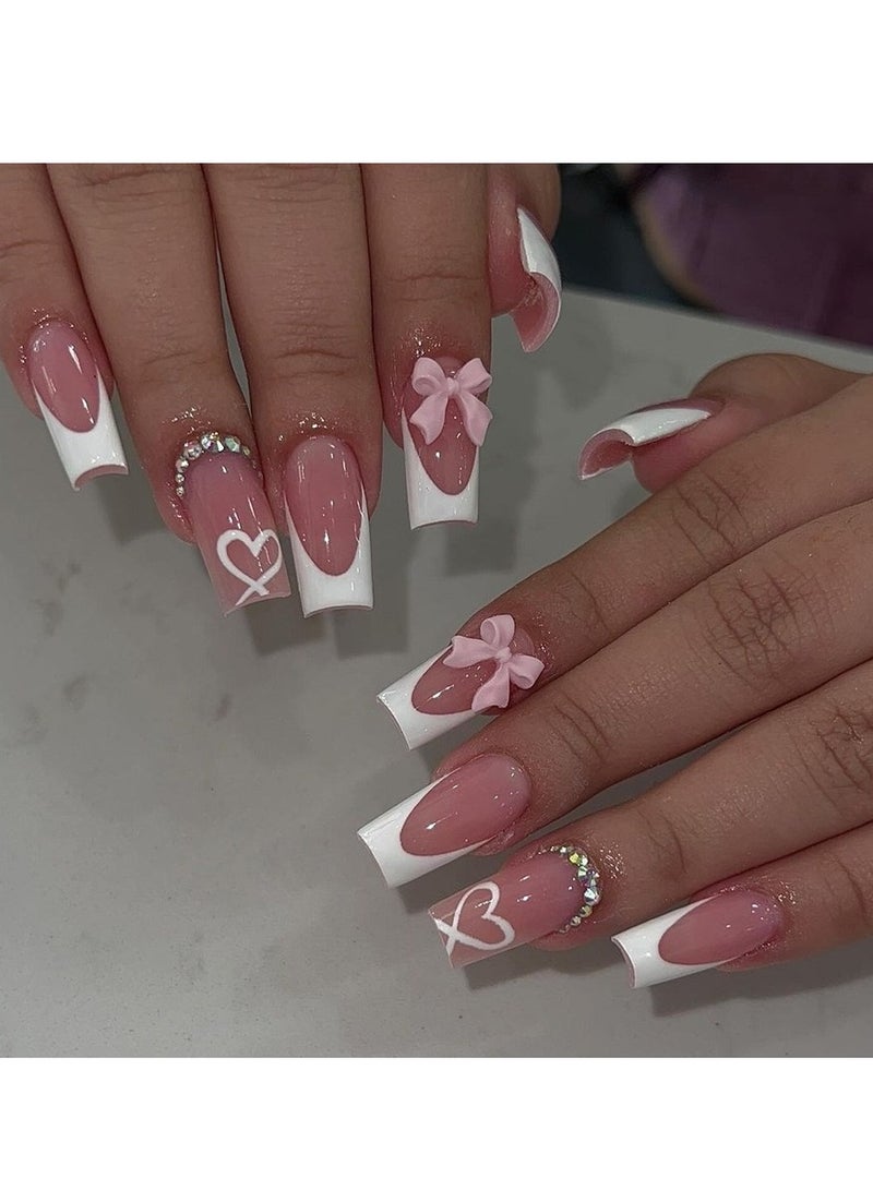 JOSQUEWNN Press on nails, 24PCS,Wearable Nail Heart Bow French Medium-Length Nail Tips, 24-Piece Fashion Nail Set, Fake Acrylic Nails With Glue Kit. - Image 1