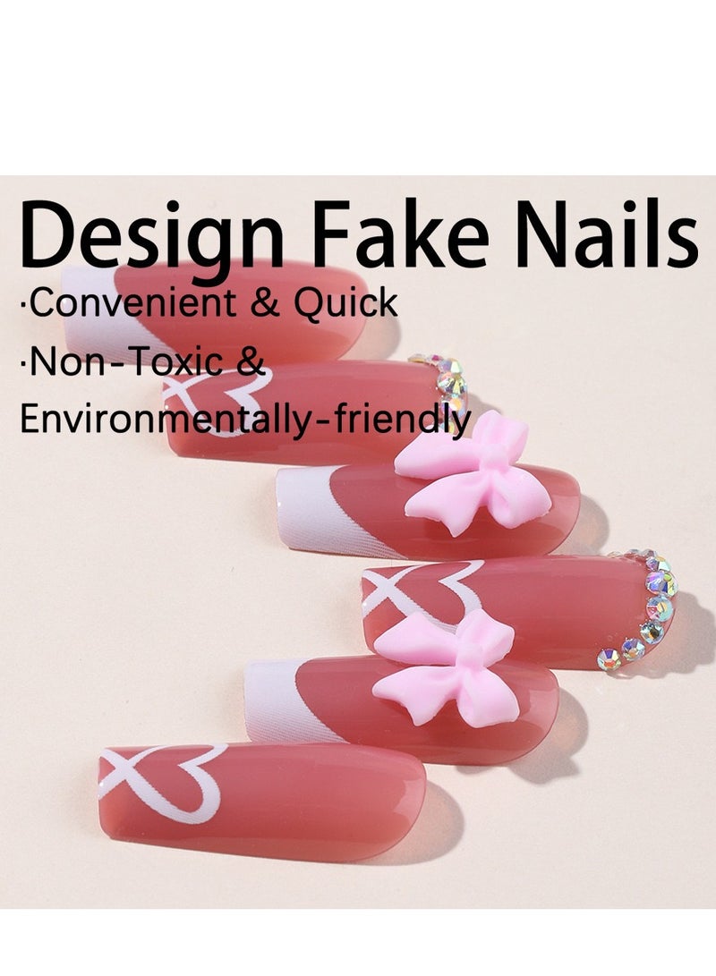 JOSQUEWNN Press on nails, 24PCS,Wearable Nail Heart Bow French Medium-Length Nail Tips, 24-Piece Fashion Nail Set, Fake Acrylic Nails With Glue Kit. - Image 4
