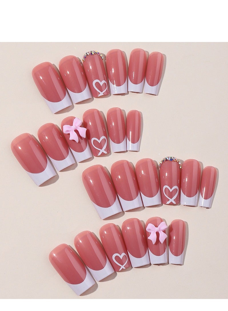 JOSQUEWNN Press on nails, 24PCS,Wearable Nail Heart Bow French Medium-Length Nail Tips, 24-Piece Fashion Nail Set, Fake Acrylic Nails With Glue Kit. - Image 5