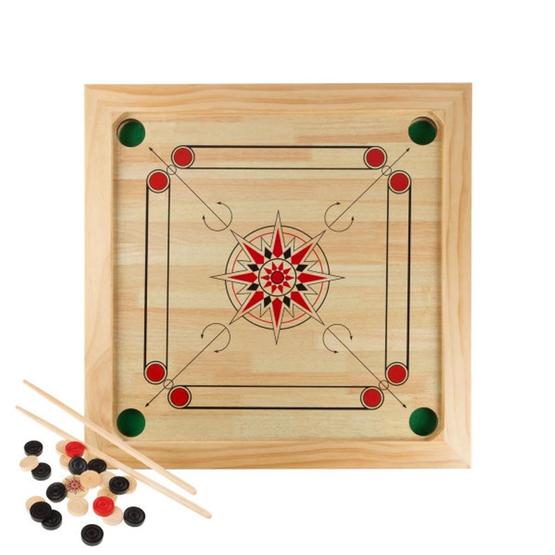 Hey Play Carrom Board Game Wooden Strike and Pocket Game Set with Group of Black and Beige Coins 2 Red Queen Coins Striker Coin and Cue Sticks by Hey Play - Image 3
