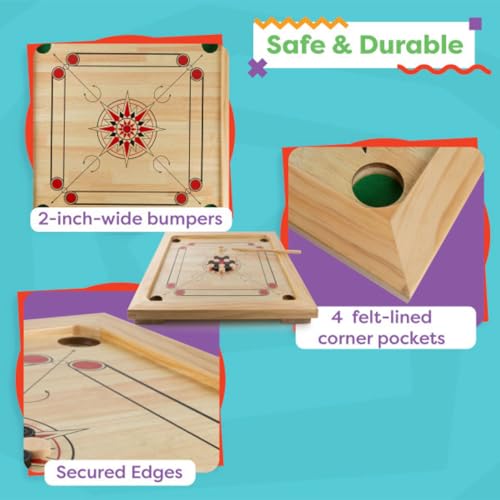 Hey Play Carrom Board Game Wooden Strike and Pocket Game Set with Group of Black and Beige Coins 2 Red Queen Coins Striker Coin and Cue Sticks by Hey Play - Image 5