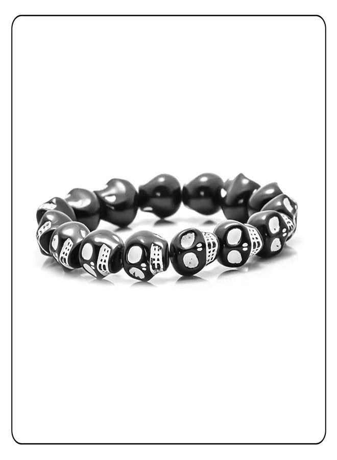 Fusamk Hip Hop Skull Resin Beads Elastic Bracelet,7.5" Wrist - Image 4