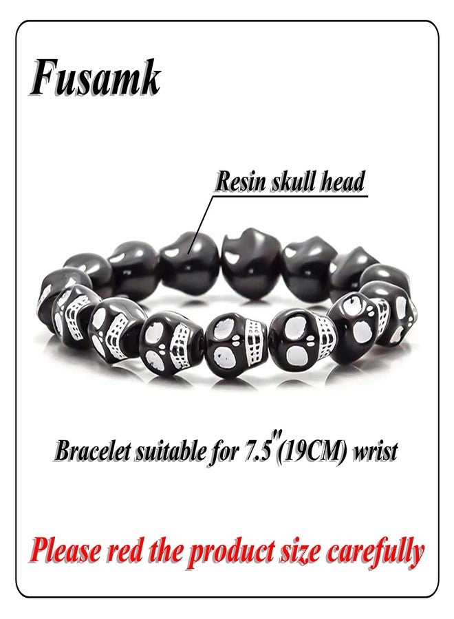 Fusamk Hip Hop Skull Resin Beads Elastic Bracelet,7.5" Wrist - Image 2