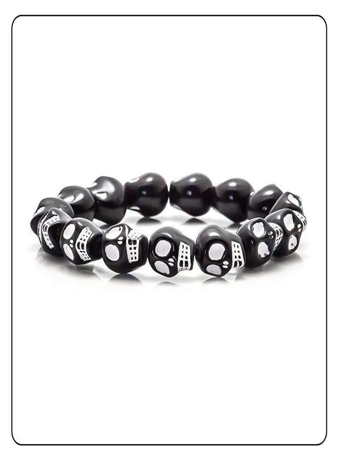 Fusamk Hip Hop Skull Resin Beads Elastic Bracelet,7.5" Wrist - Image 3