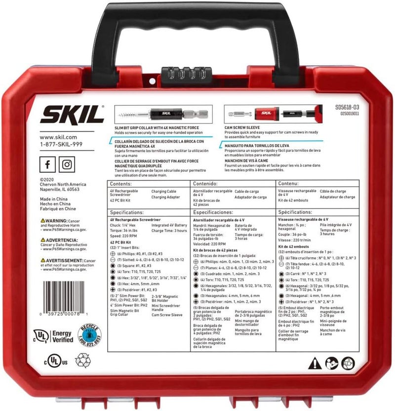 SKIL Rechargeable 4V Cordless Pistol Grip Screwdriver with 42pcs Bit Set, USB Charger and Carrying Case - SD5618-03 - Image 5