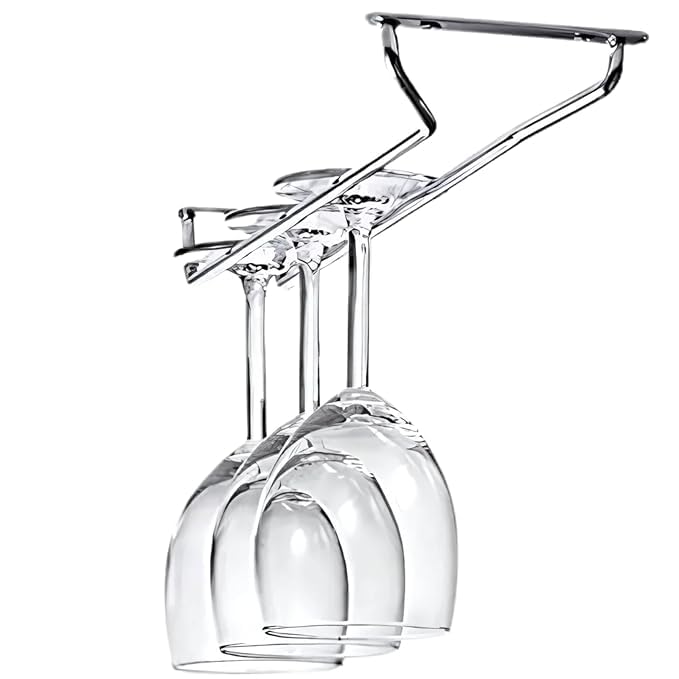 KITJOY حامل كؤوس النبيذ من KITJOY مطلي بالكروم بتصميم خط واحد للحفاظ على الكؤوس مقلوبة في المطبخ أو البار أو الحانة - Image 1