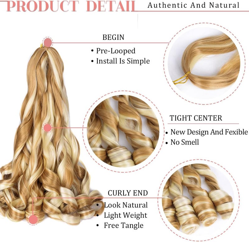 Luoyudu Curly Braiding Hair,#P27/613 Spanish 8Packs Bouncy Crochet Hair 24Inch Synthetic French Curl Braiding Hair Extensions(24 Inch,Pack of 8,P27/613) - Image 3