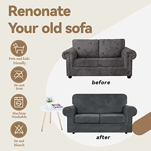 WEERRW Velvet Couch Covers for 2 Cushion Couch Sofa - High Stretch Luxury Velvet Plush 3 Pieces Sofa Slipcovers with Elastic Bottom, Furniture Protector for Pets, Machine Washable, Dark Grey, Medium - Image 5