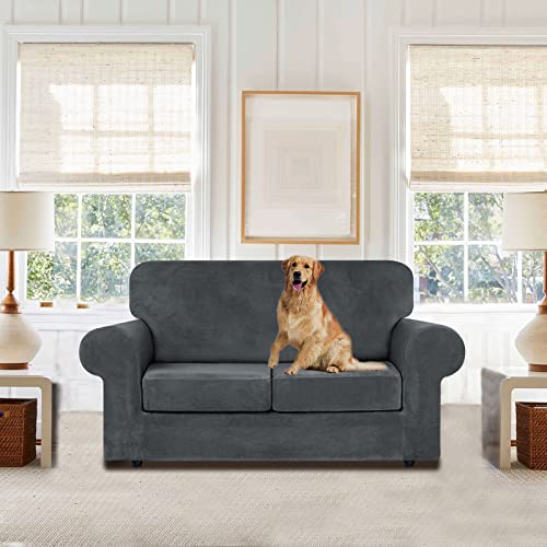 WEERRW Velvet Couch Covers for 2 Cushion Couch Sofa - High Stretch Luxury Velvet Plush 3 Pieces Sofa Slipcovers with Elastic Bottom, Furniture Protector for Pets, Machine Washable, Dark Grey, Medium - Image 2