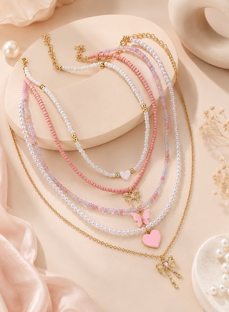 Girls' Accessory Set of 5 Layered Necklaces with a Unique Design, Featuring Pearls, Colorful Beads, Delicate Chains, and Elegant Butterfly and Heart Charms, Perfect as a Gift for Girls on Birthdays, Graduations, and Special Occasions - Image 1