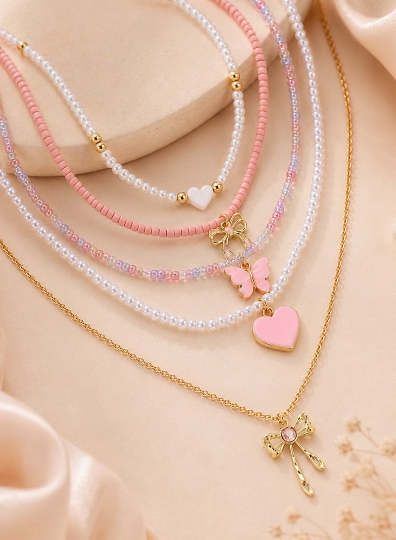 Girls' Accessory Set of 5 Layered Necklaces with a Unique Design, Featuring Pearls, Colorful Beads, Delicate Chains, and Elegant Butterfly and Heart Charms, Perfect as a Gift for Girls on Birthdays, Graduations, and Special Occasions - Image 2
